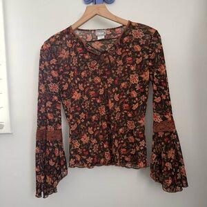 Y2K Medium Brown Floral Tie Front Neck Top Bell Sleeve Boho Gypsy Goblin Hippie